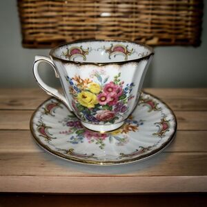 Duchess Tea Cup Flowers England Fine Bone China and Saucer gold trim pink yellow